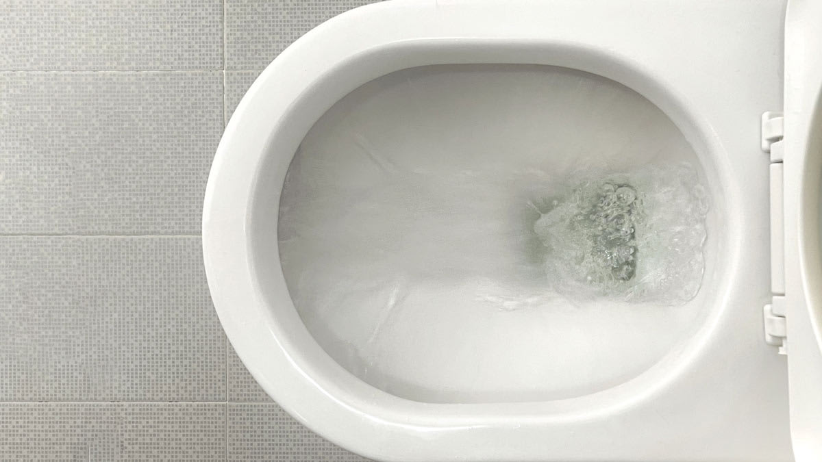 Water flushes down toilet bowl