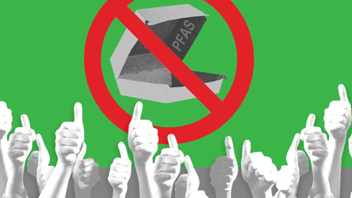 takeout food container containing PFAS with 'no' symbol over it and hands giving thumbs up below it