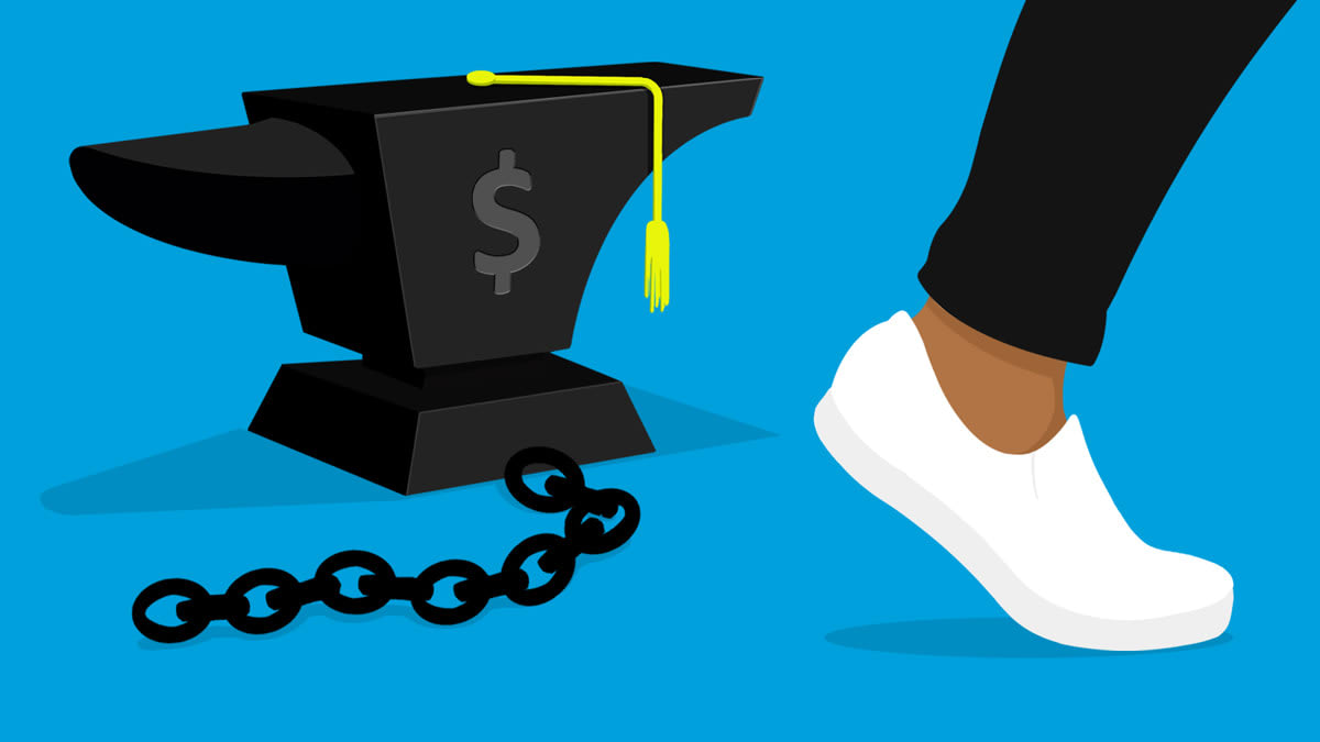 Someone walking away from student debt represented by an anvil-shaped graduation cap with dollar sign and broken chain.