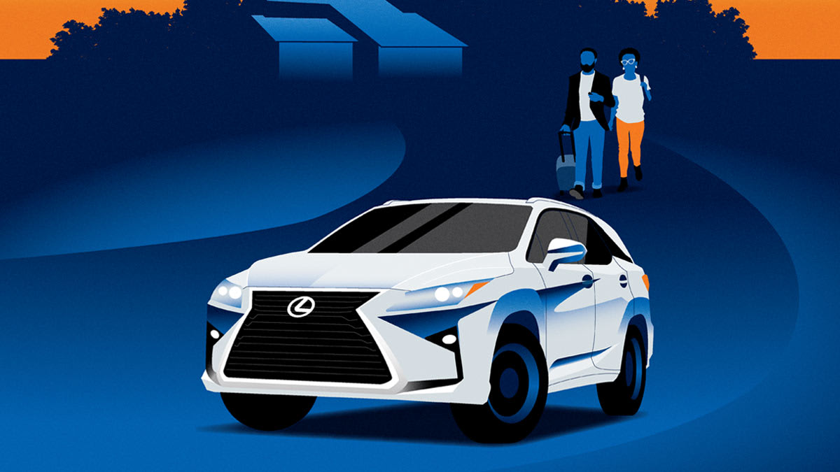Illustration of a car with a couple walking to it from their house