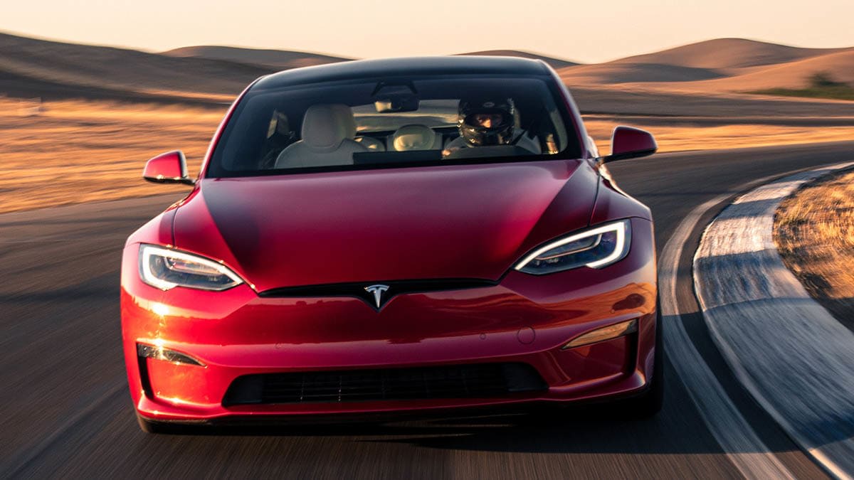 Tesla Model S Plaid driving on a track