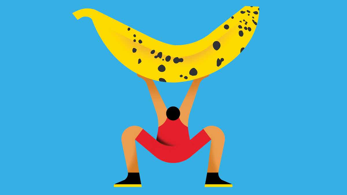 illustration of person doing a squat holding a banana above their head