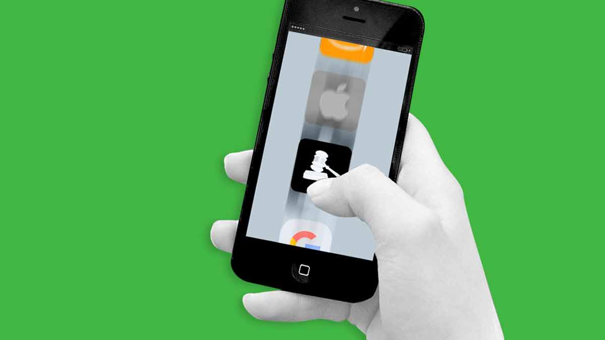illustration of hand holding phone with gavel icon
