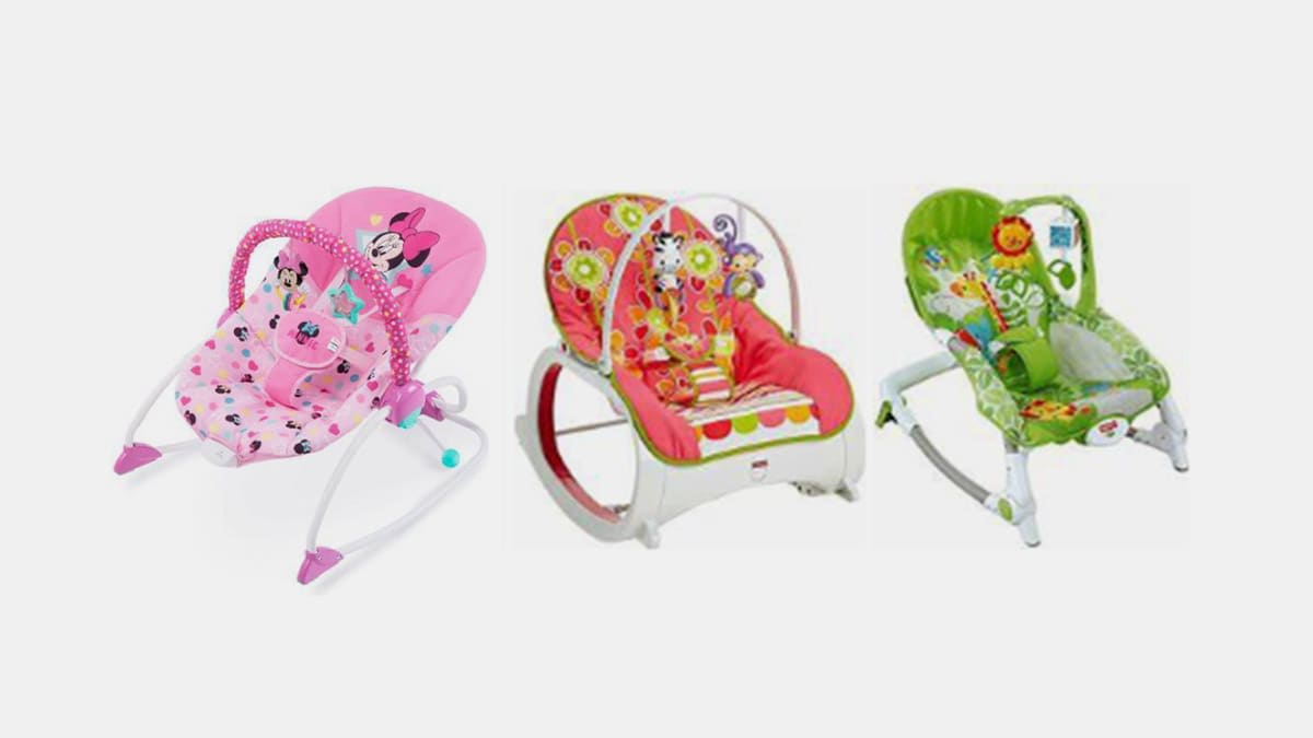 Kids2 Rocker, Infant-to-Toddler Rocker (center), Fisher-Price Newborn-to-Toddler Rocker (right).