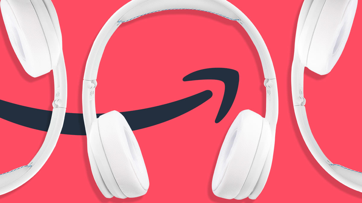 A pattern of headphones with the Amazon smile logo