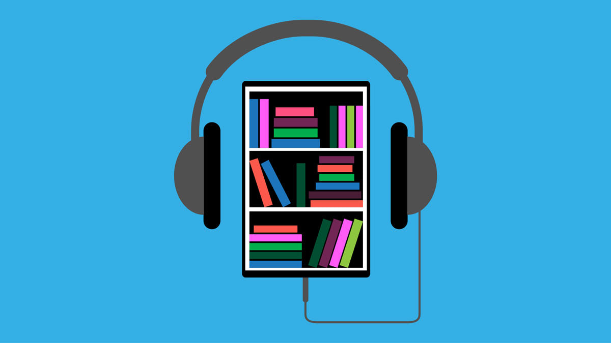 Smartphone with the app on the screen in the form of an electronic library and headphones.