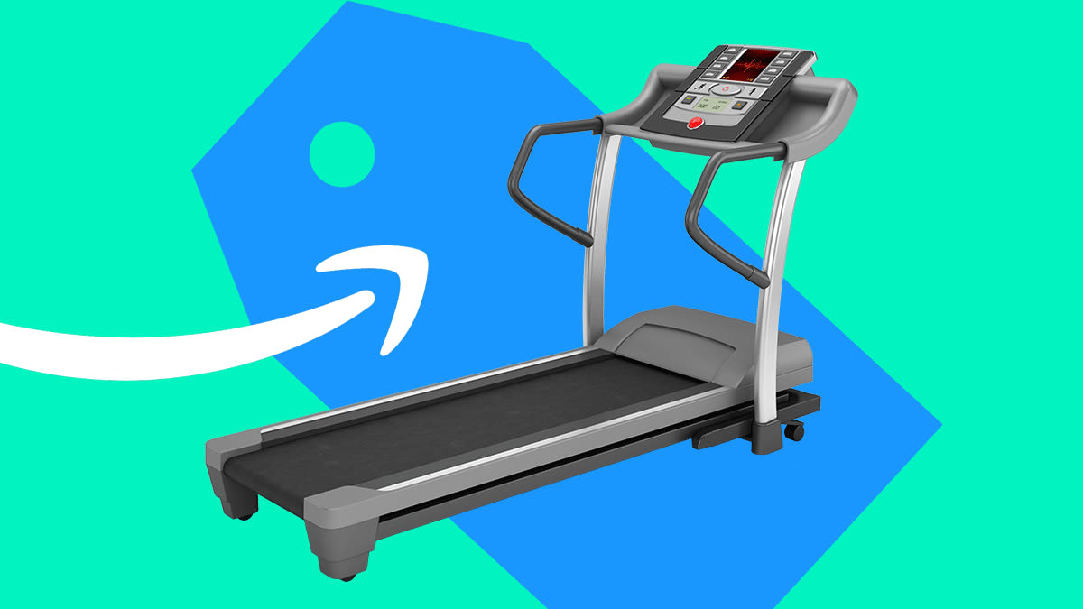 A treadmill sitting on a large sales tag with the Amazon smile logo.