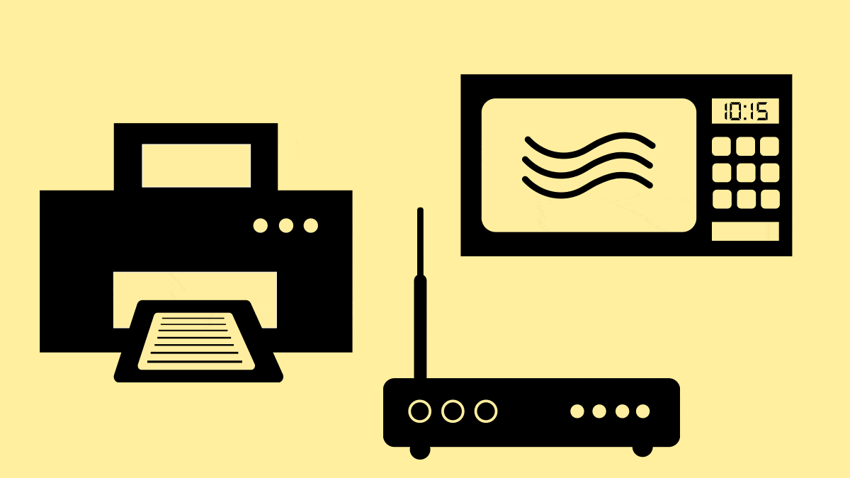 An illustrated GIF of a printer, WiFi router and microwave, with sales tags