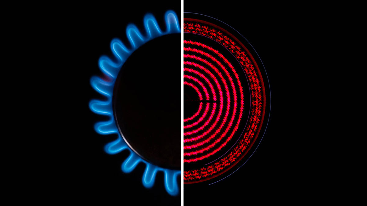 Split screen, gas range burner left, electric burner right
