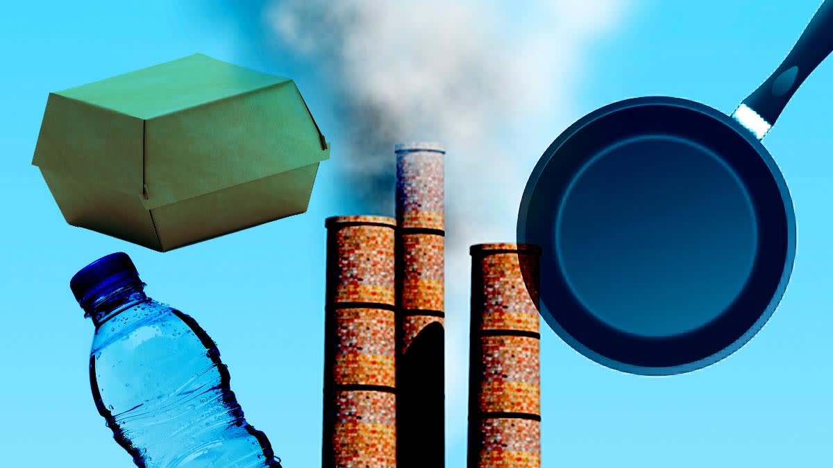 Water bottle, fast food packaging, smoke stack, frying pan