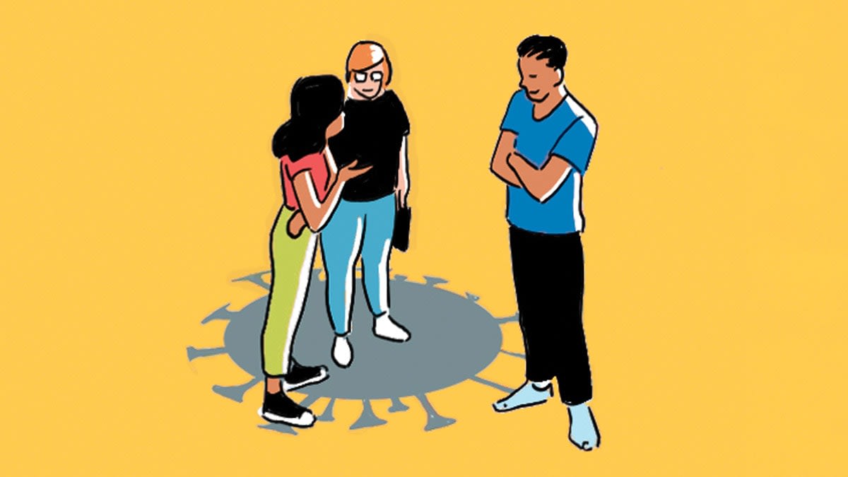 Illustration of 3 people standing together talking