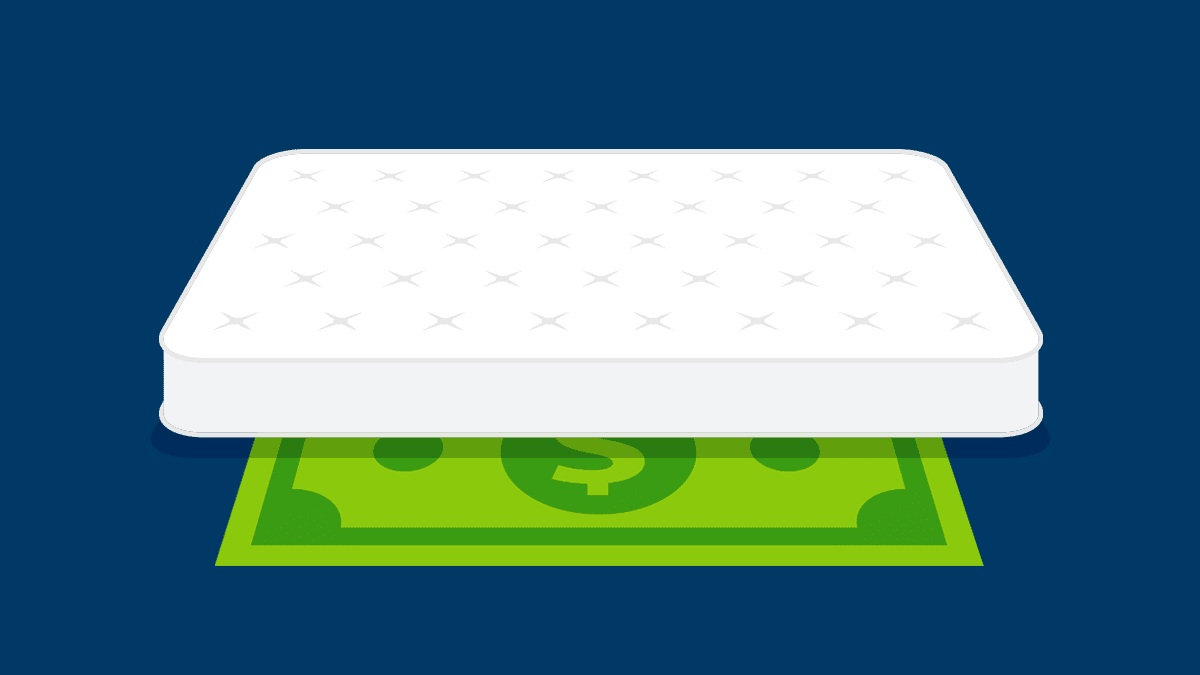 Art of a dollar bill underneath a mattress to signify the savings you’ll receive on your next mattress purchase.