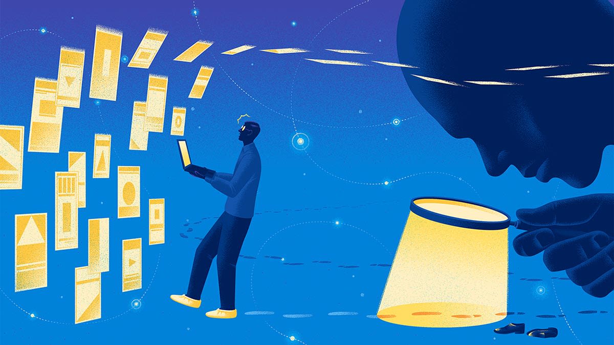 An illustration of someone with a magnifying glass inspecting footprints of a person looking at ads coming out of their laptop.