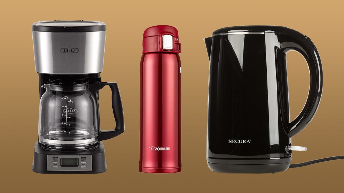 From left to right: Bella 14755 with Brew Strength Selector Coffee Maker, Zojirushi 16 oz Insulated Mug, and Secura Electric Kettle SWK-1701DB