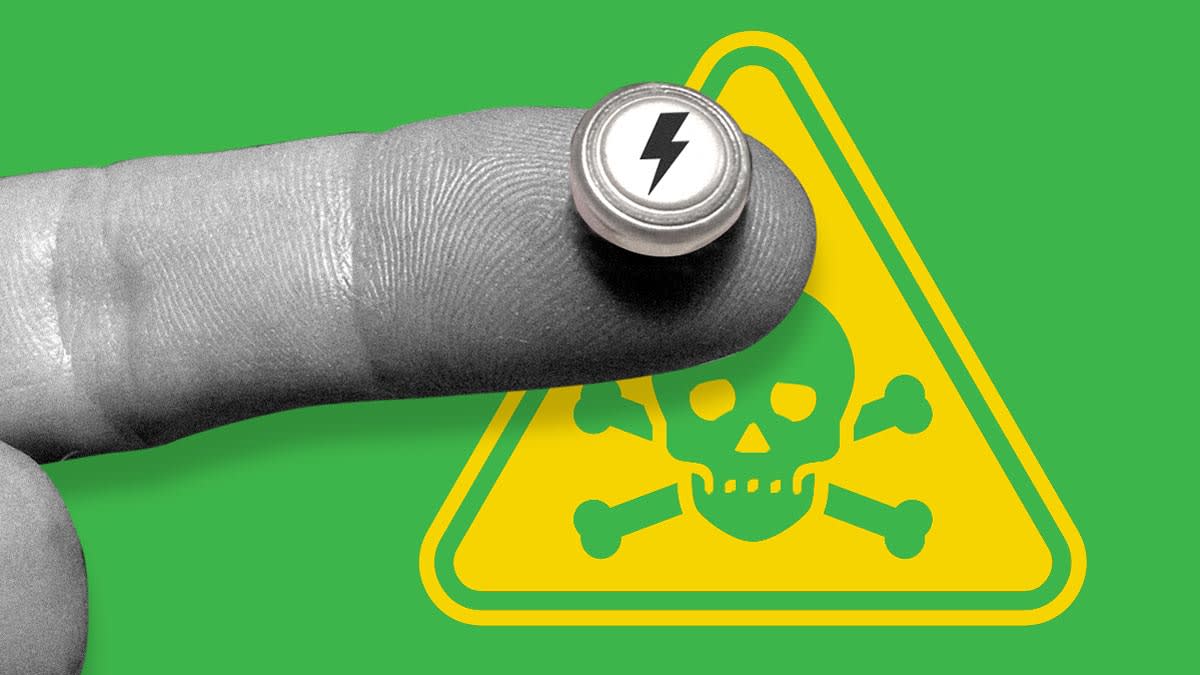photo illustration of finger with battery above yellow danger symbol