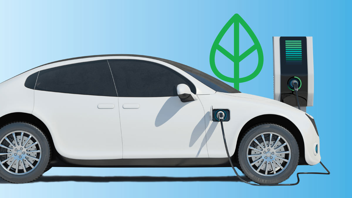 illustration of white electric vehicle at charging station with green leaf in background