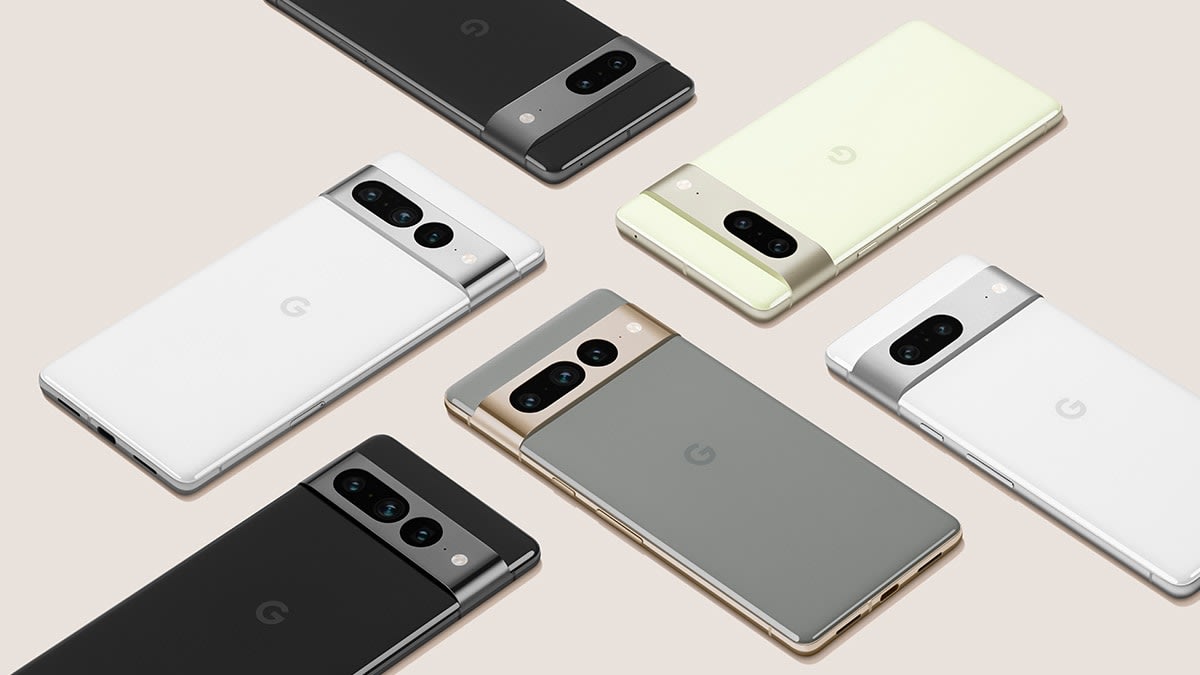 The new Google Pixel 7 and Pixel 7 Pro shown in four different color choices.