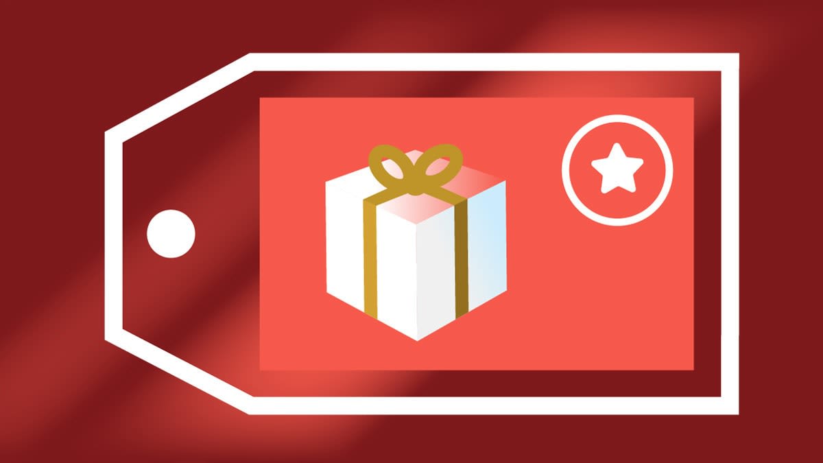 Gift box and star in circle on gift card surrounded by shopping tag