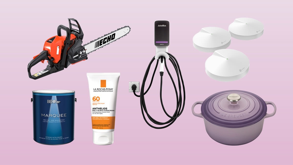 Shown (clockwise): JuiceBox 40 EV Charger, TP-Link Deco Whole Home (3-Pack) Wireless Router, Le Creuset Signature Dutch Oven,  La Roche-Posay Anthelios Melt-In Milk Lotion SPF, Behr Marquee Paint, and Gas Chainsaw