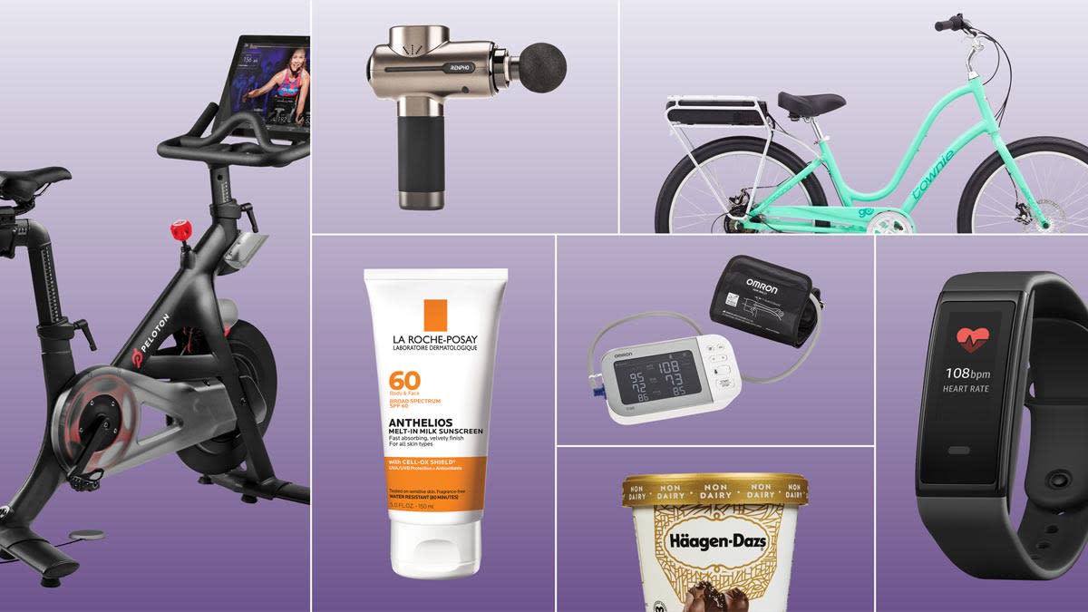 Shown (clockwise): Renpho R3 Massage Gun, Electra Townie Go 7D Electric Bike, Amazon Halo View Fitness Tracker, Häagen-Dazs Non-Dairy Frozen Dessert Chocolate Salted Fudge Truffle, Omron Platinum BP5450 Blood Pressure Monitor, La Roche-Posay Anthelios Melt-In Milk Lotion SPF, and Peloton Exercise Bike
