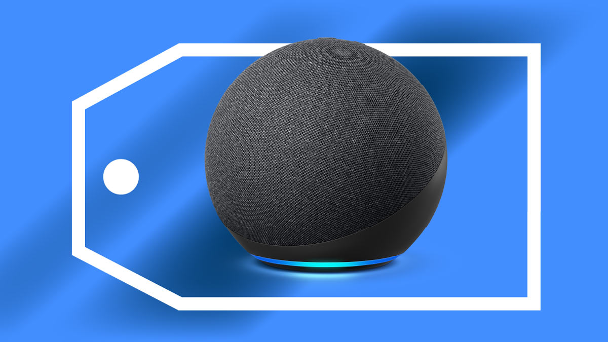 Amazon Echo Dot in front of Black Friday 2023 price tag and blue gradient.
