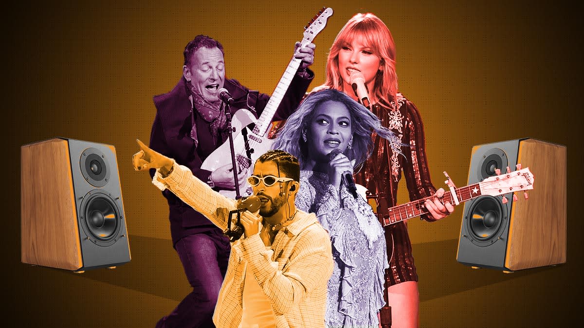 A photo collage of Edifier speakers, Bruce Springsteen, Taylor Swift, Beyonce, and Bad Bunny