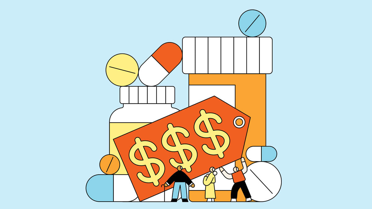 illustration of pills and medication bottles with sale tag and mini people in front of them