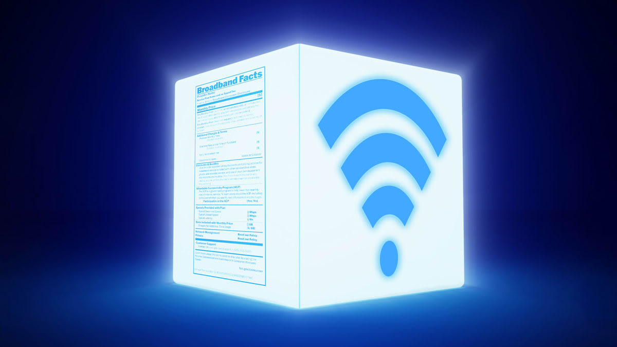 New broadband label on box with glowing wifi symbol
