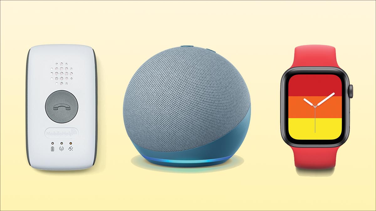 From left: MobileHelp Medical Alert System, Amazon Echo Dot (4th Gen.) Smart Speaker, and Apple
Watch SE w/Cellular (44 mm)