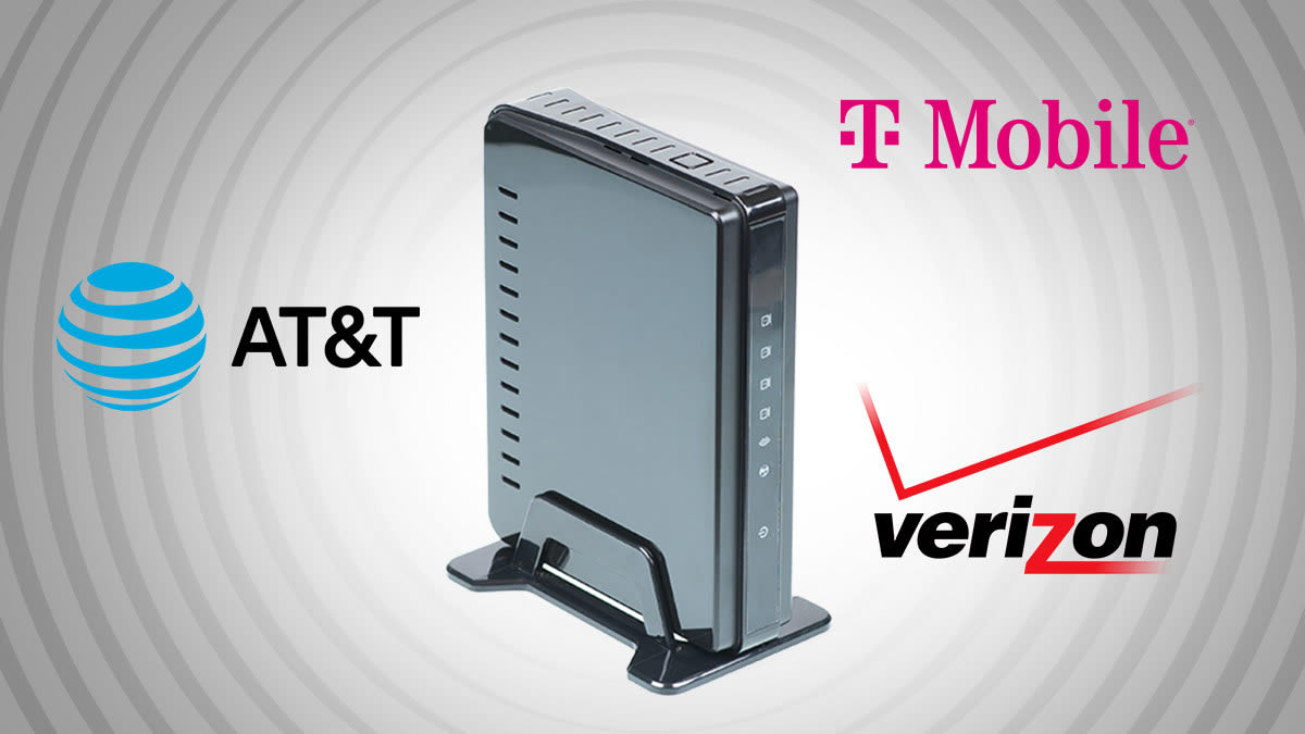 Photo illustration of a router surrounded by logos of cell phone service providers.