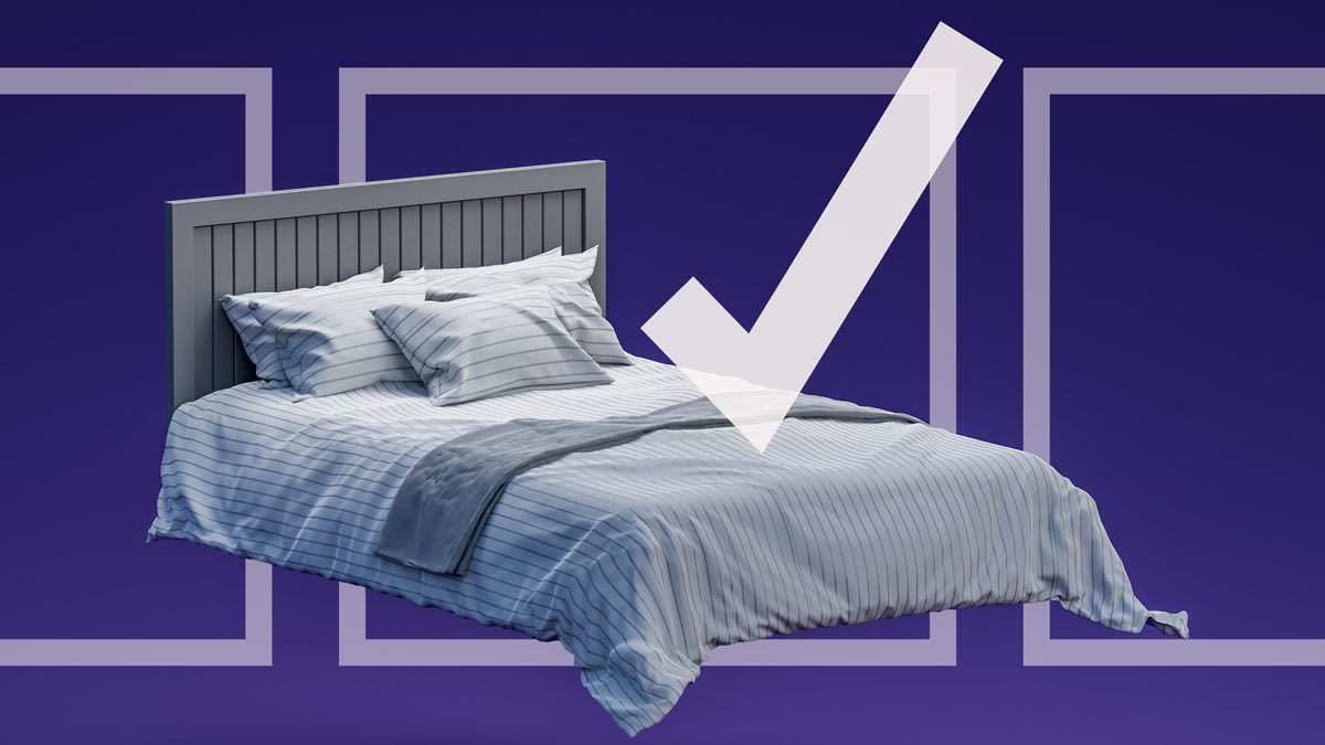 Bed frame and mattress floating on purple background with check boxes and check mark behind.
