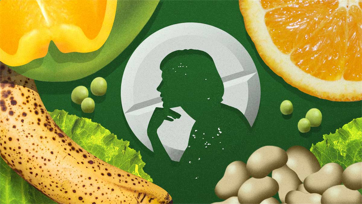 illustration of pill with silhouette of person inside and beans, yellow bell pepper, orange slice, and banana around it