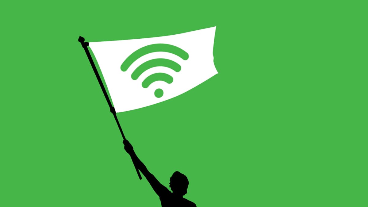 illustration of person holding white flag with WiFi symbol on it