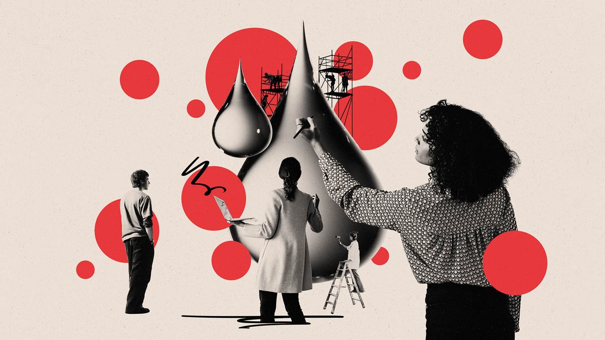 illustration of various people doing different things around water drop (holding computer, writing, painting)