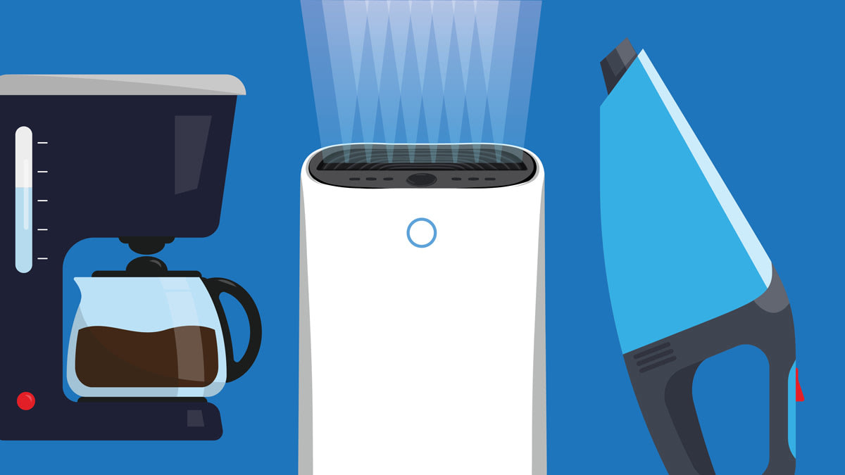 Coffee maker, humidifier and handheld vacuum on blue background