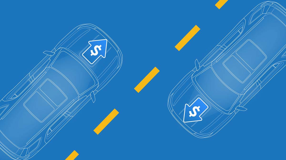 Blueprint of cars from above with dollars sign arrows