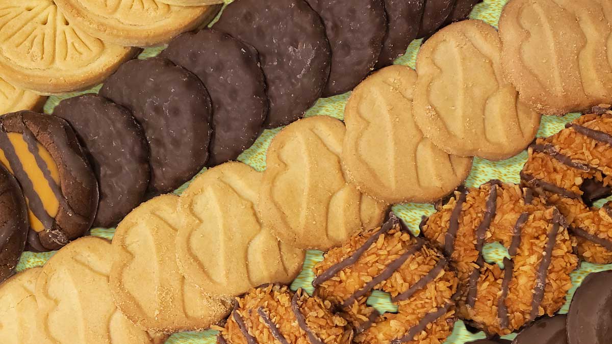 different flavors of girl scout cookies on a green background
