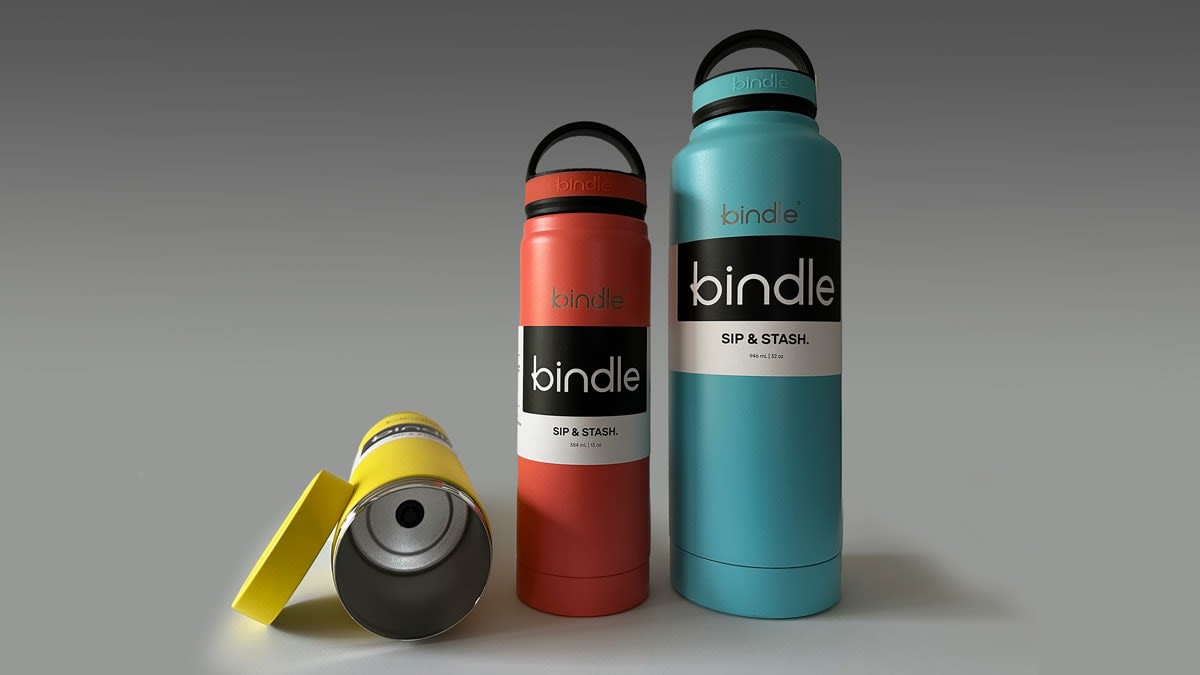 Bindle bottles, one showing the inside compartment with a rubber piece covering the soldered dot.