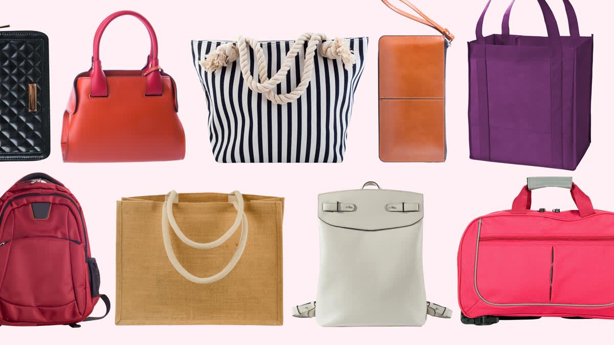 Various bags on pink background