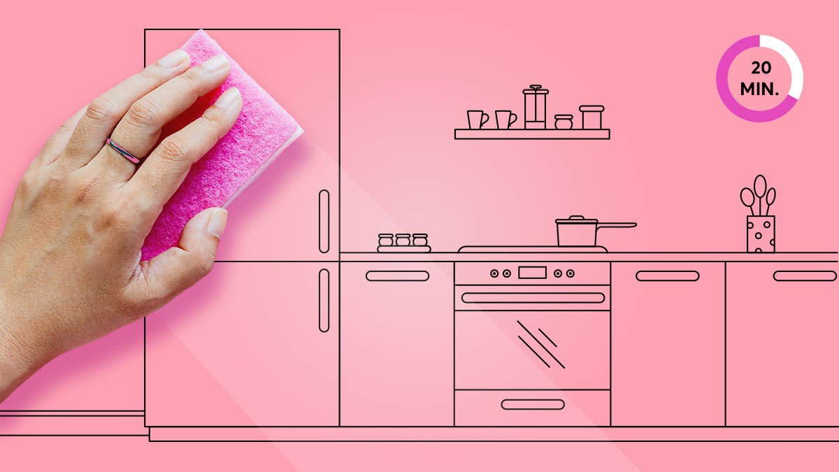 Hand using a sponge to scrub over an illustration of a pink kitchen.
