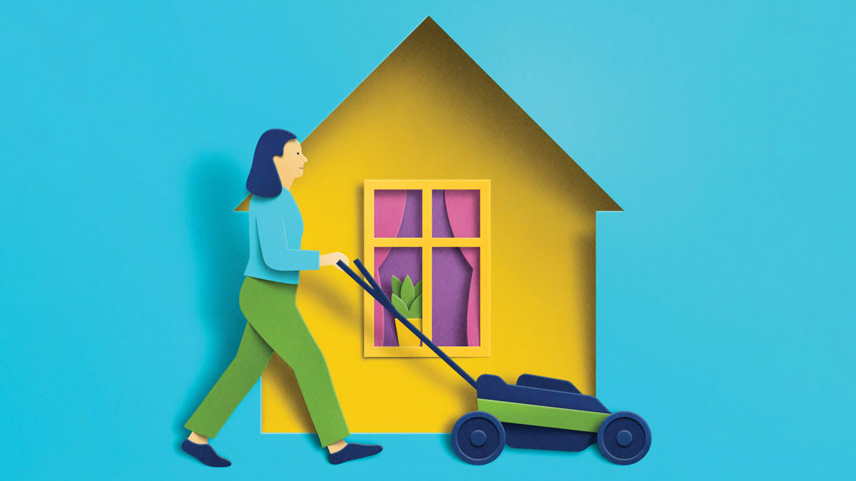 Illustration of a woman mowing the lawn in front of her home