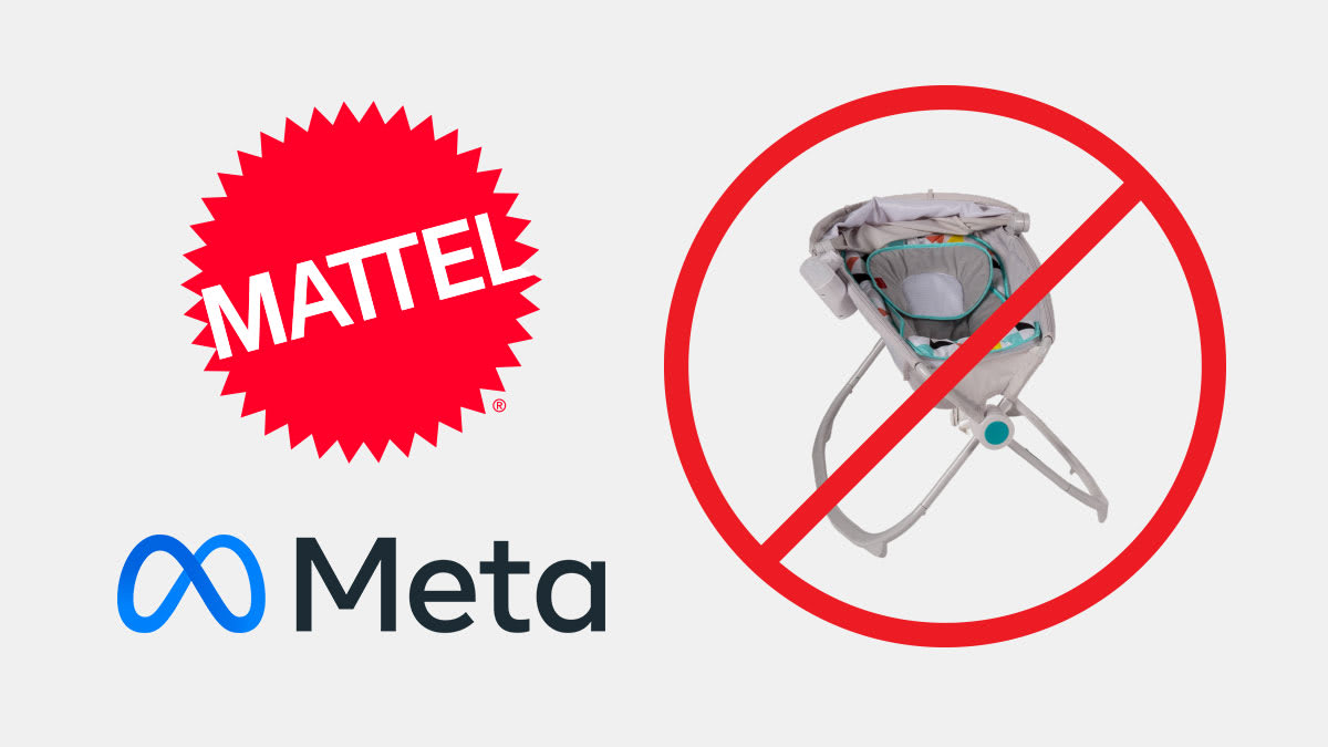 Mattel and Meta logo next to a Fisher Price Rock ’n Play inside the "no symbol"