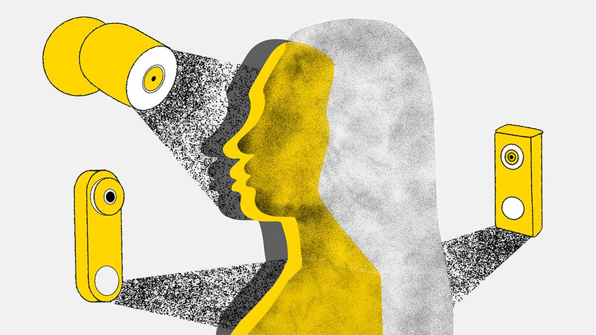 Illustration of a person's profile being lit by several security camera devices