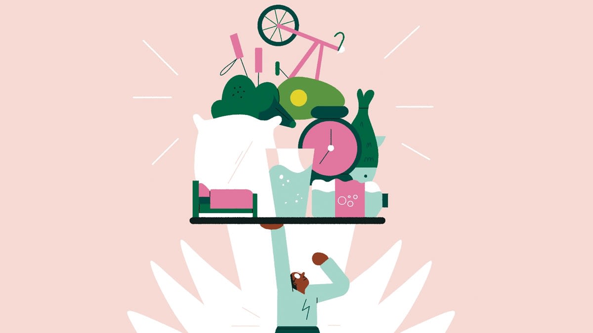 illustration of person holding up tray with bed, water, clock, bike, water, fish, and vegetables over their head
