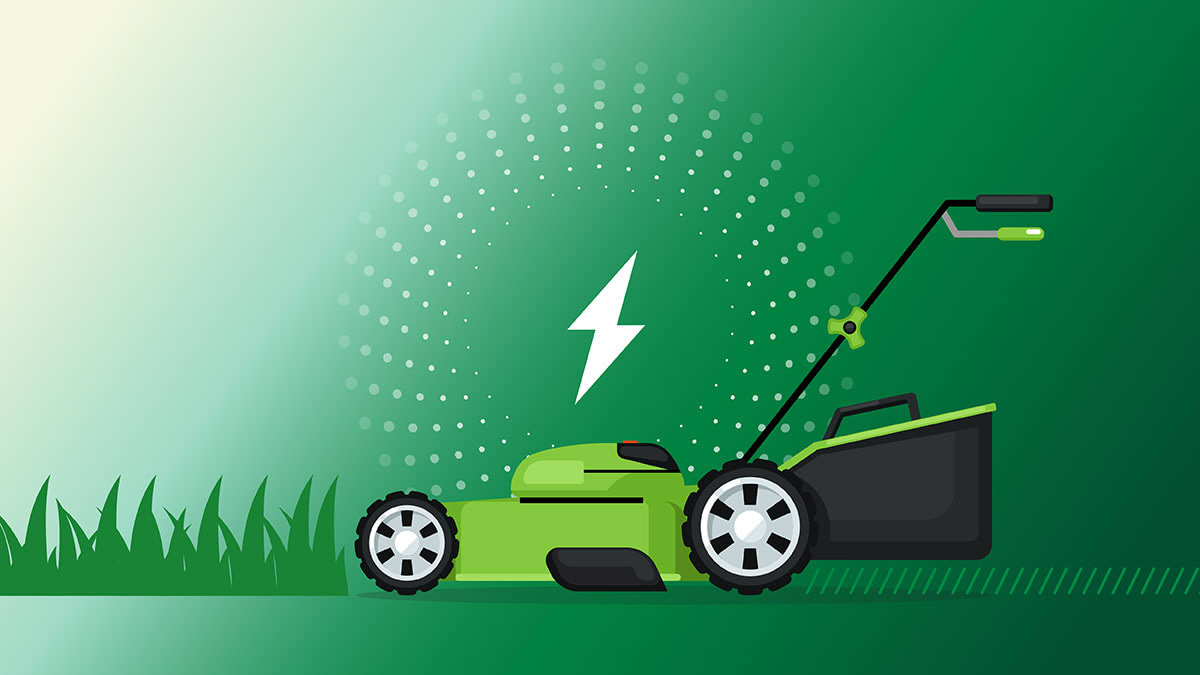 Electric lawn mower cutting grass with energy bolt icon above it.