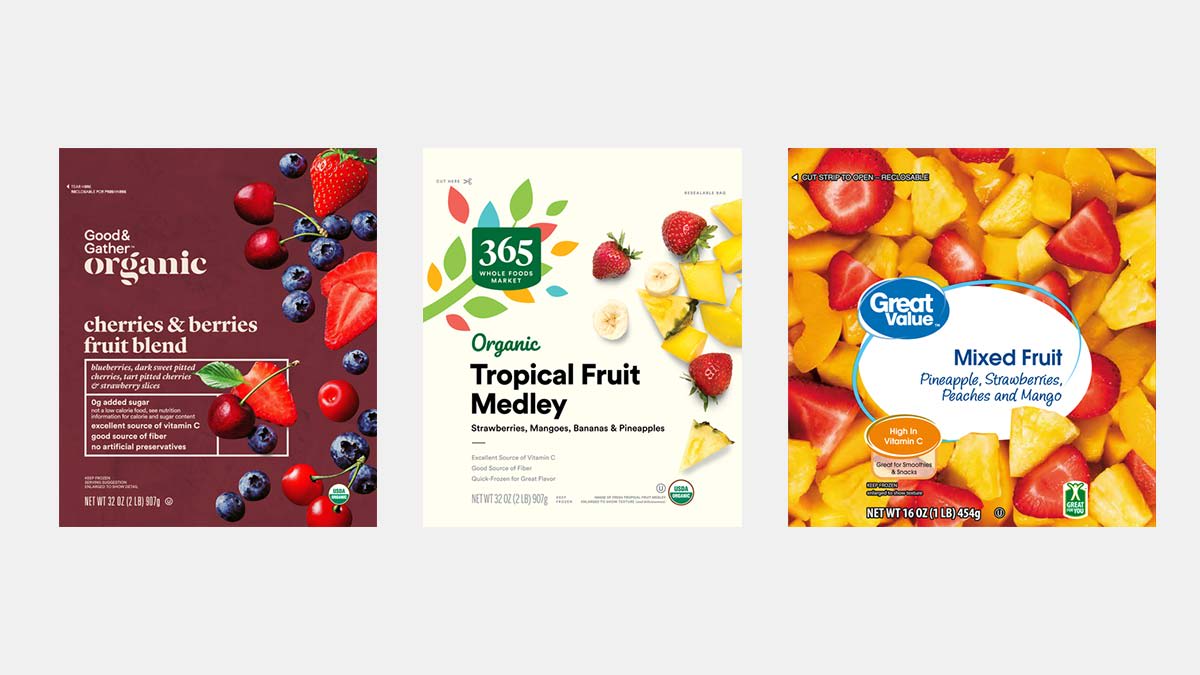 Good and Gather Cherries & Berries Fruit Blend,
365 Tropical Fruit Medley, and Great Value Mixed Fruit