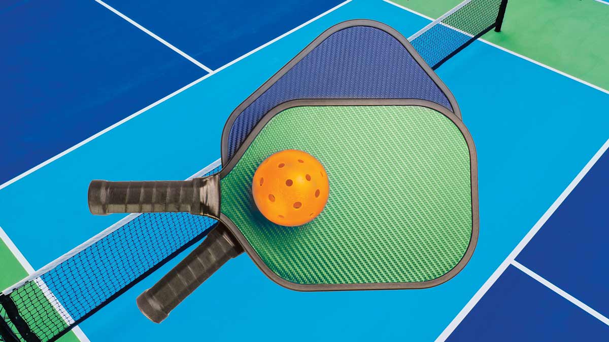 pickleball rackets and ball with pickleball court in background