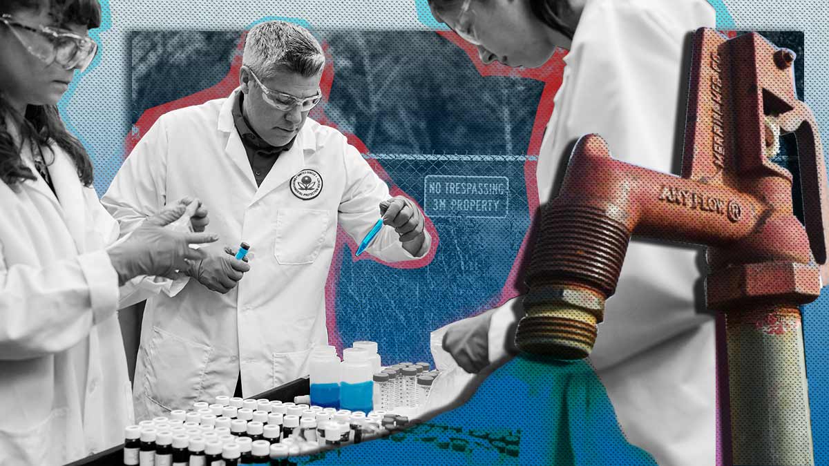 Photo collage of EPA scientists testing water for PFAS, 3M property, and an outdoor faucet.