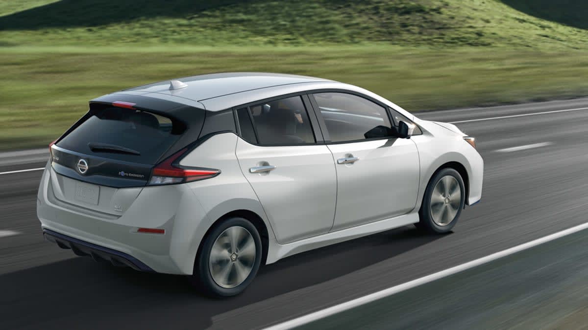 2023 Nissan Leaf driving, rear