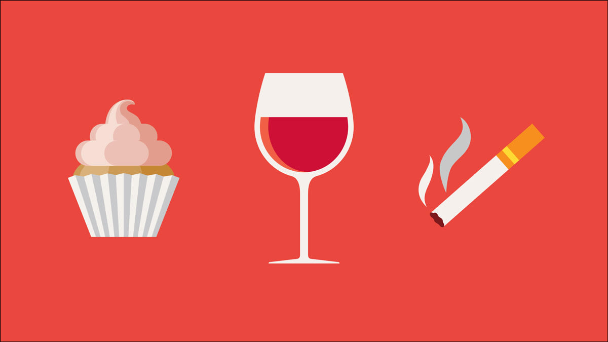 illustration of cupcake, glass of wine, and cigarette